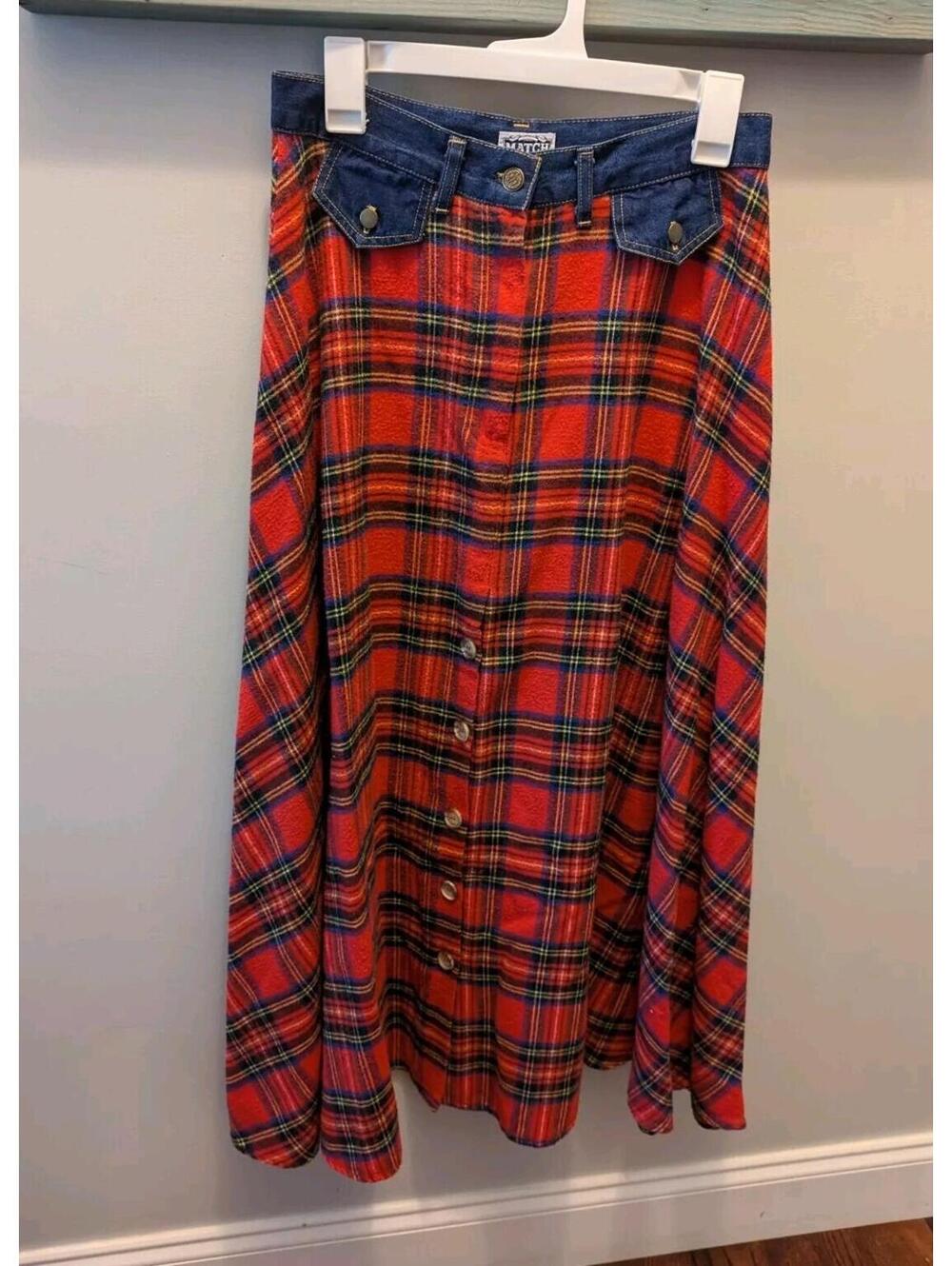 VTG 70’S Maxi Skirt Red Tartan Plaid Denim Waist Size 10 USA Match Brand